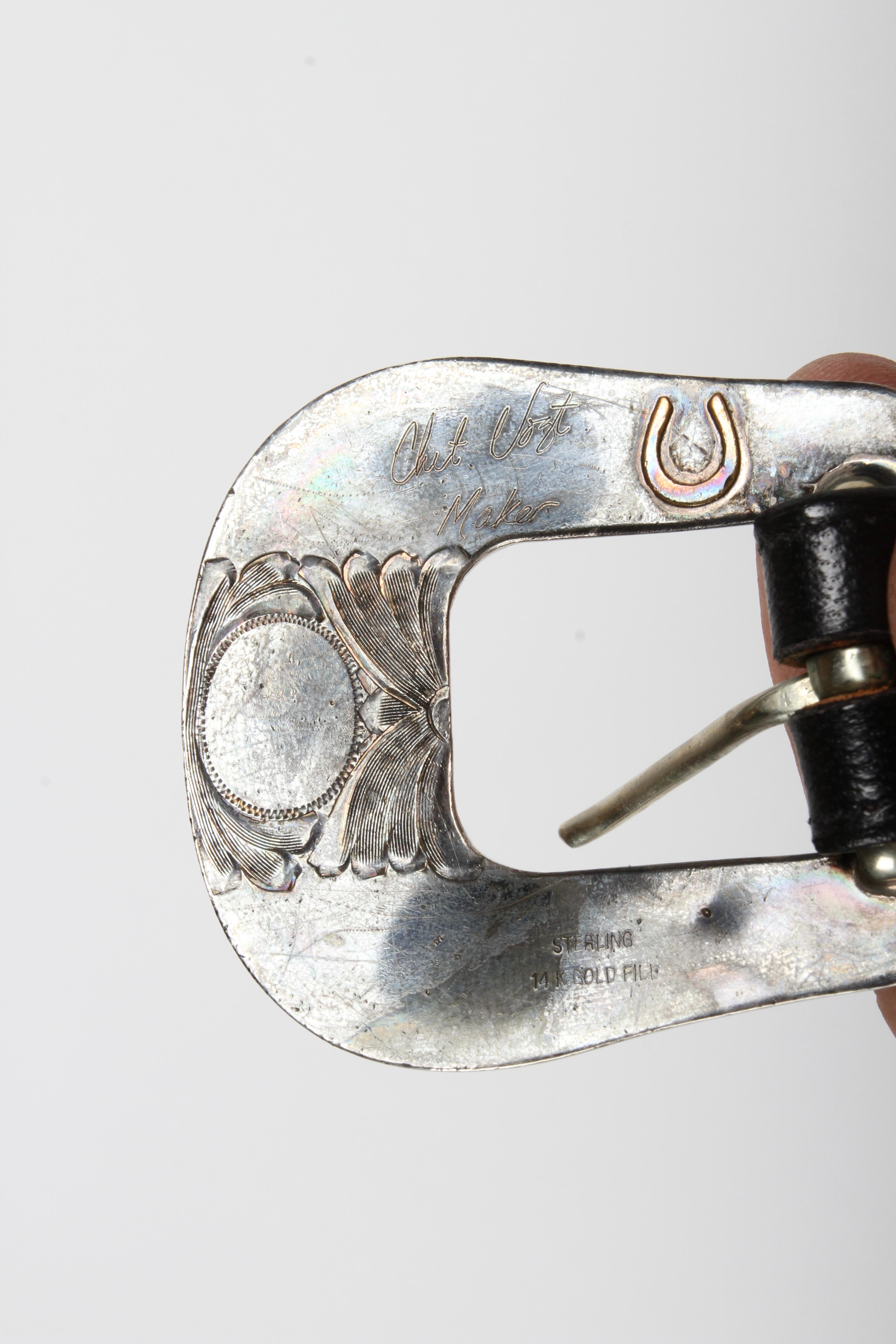 Late 20th Century Women's Chet Vogt Western - Cowboy Theme Sterling & 14k Gold Buckle with Belt For Sale