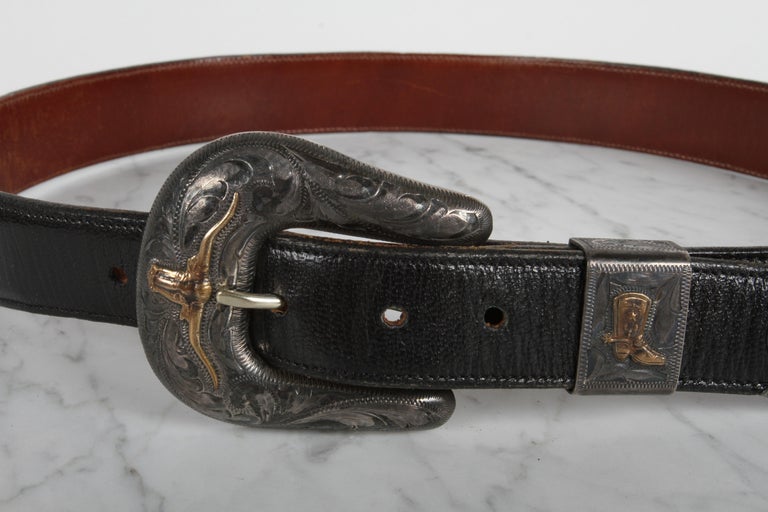 Gorgeous Antique Chet Vogt .925 Sterling & 14k Gold Black Lizzard Belt Size 28 Women main image 3