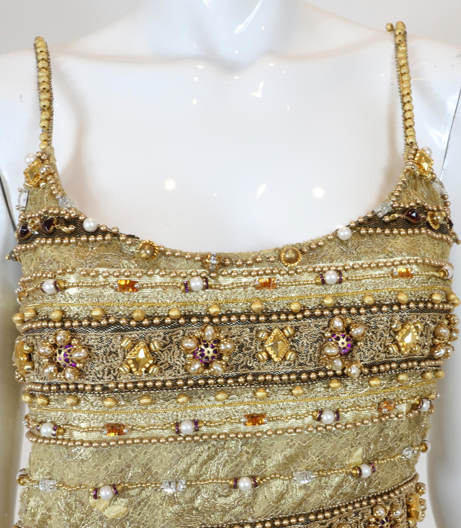 Women's Christian Dior Size 40 Gold Dress
Spaghetti Strap Heavily Beaded with Gold Bead Fringe
Made in France