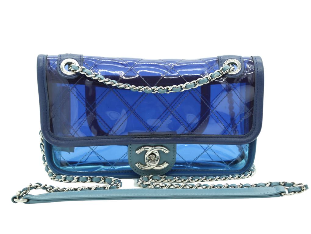WOMENS DESIGNE Chanel Runway Transparent Flap bag Blue For Sale at