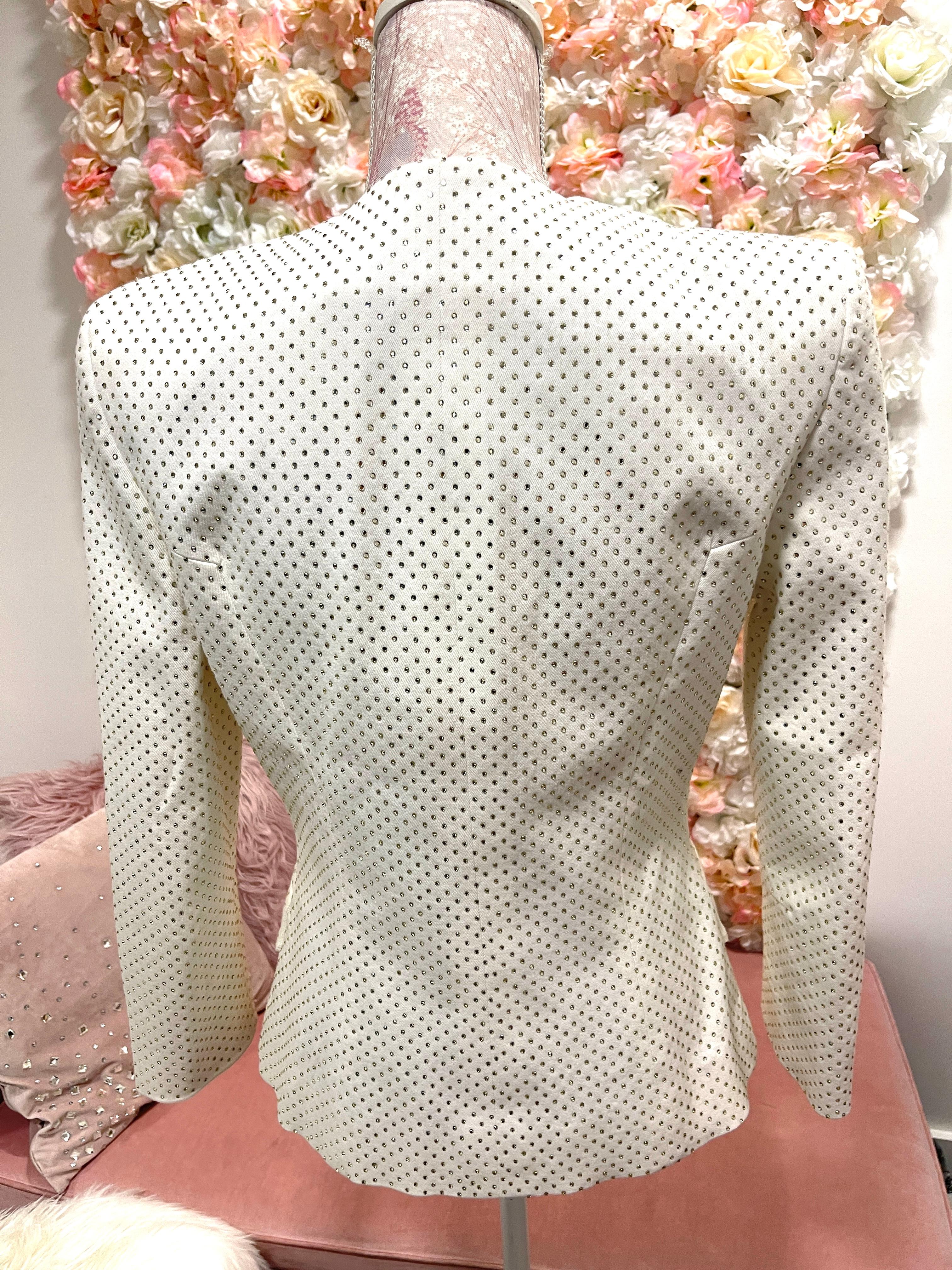 Gray WOMENS DESIGNER Balmain White Crystal Embellished Jacket Blazer Size 42 For Sale