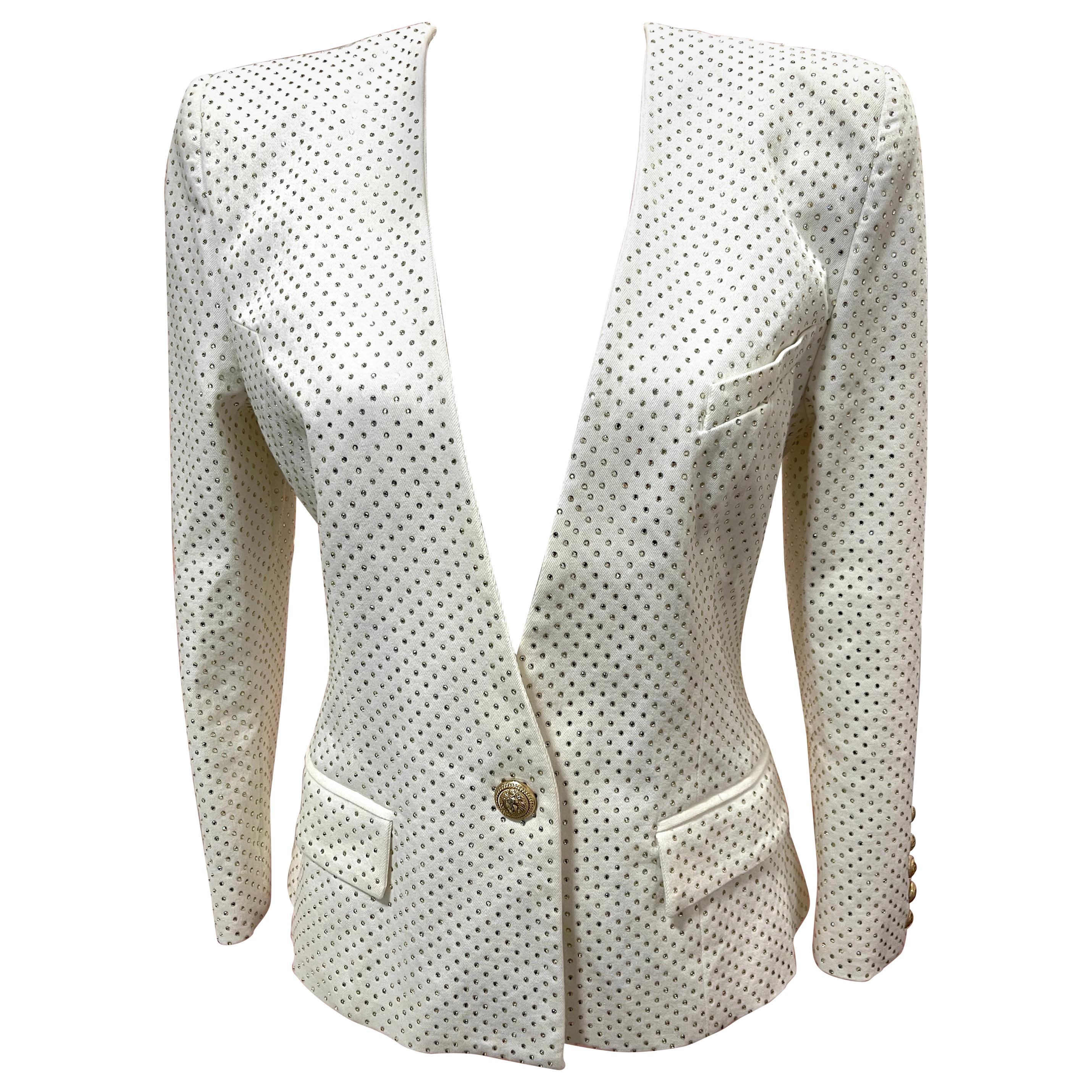WOMENS DESIGNER Balmain White Crystal Embellished Jacket Blazer Size 42 For Sale