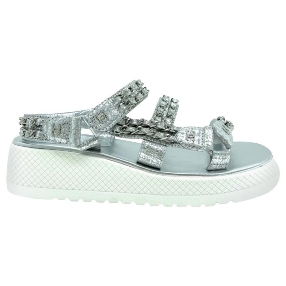 Womens Designer Chanel Chain Dad Sandals - Silver For Sale