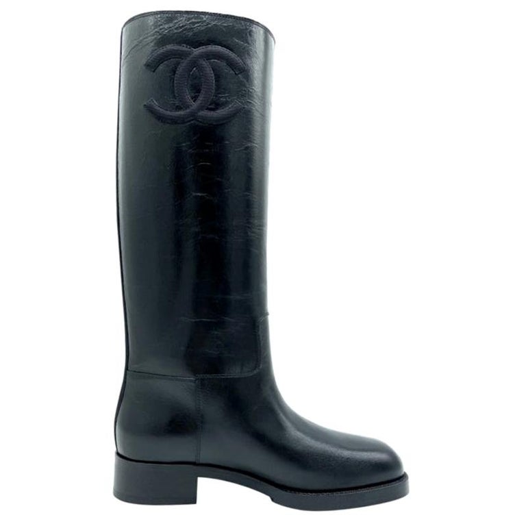 Authentic Chanel Black Leather CC Logo Over The Knee Wedge Boots Sz EU 40  US 10