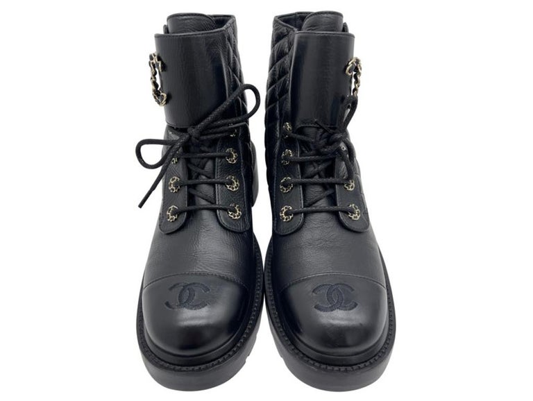 Women's Designer Chanel Leather CC Boots Black/Gold For Sale at 1stDibs