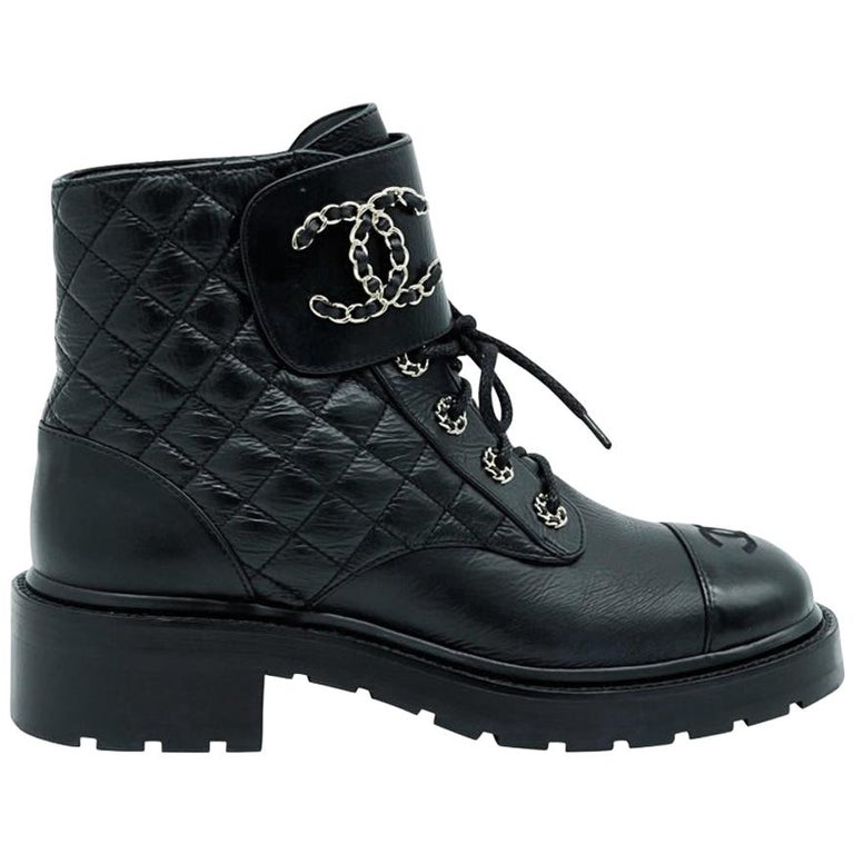 Women's Designer Chanel Leather CC Boots Black/Gold For Sale at 1stDibs