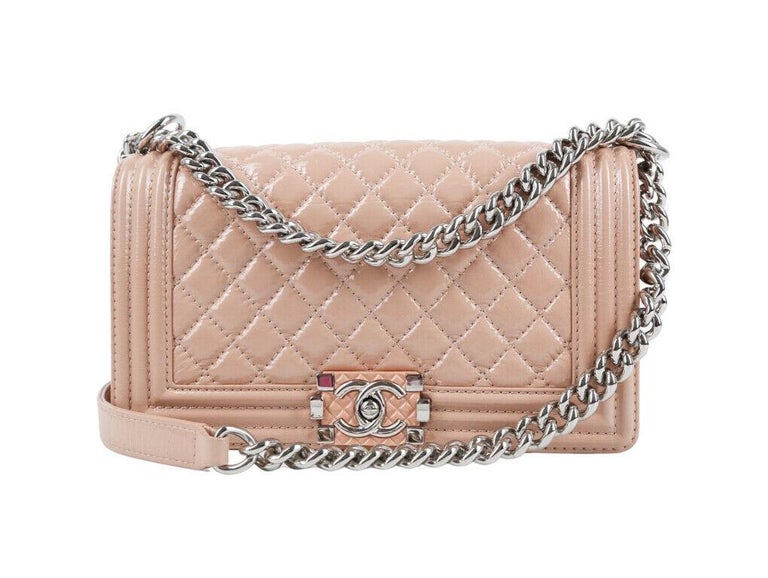 WOMENS DESIGNER Chanel Limited Edition Medium Boy Bag Patent Leather Nude/Beige  For Sale at 1stDibs