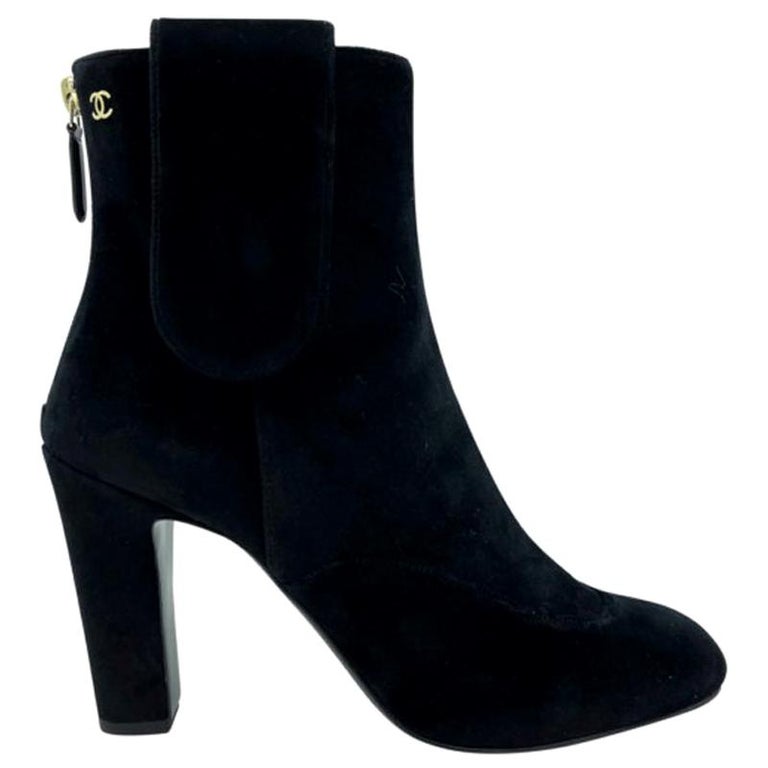 Womens Designer Chanel Suede Ankle Boots - Black For Sale at 1stDibs