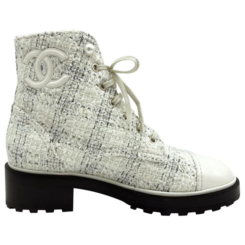 Womens Designer Chanel Tweed Boots - Cream For Sale