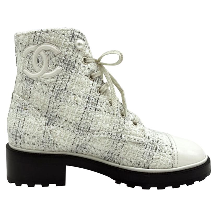 Womens Designer Chanel Tweed Boots - Cream For Sale