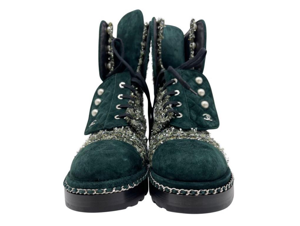 Womens Designer Chanel Tweed Boots - Green In New Condition For Sale In London, GB