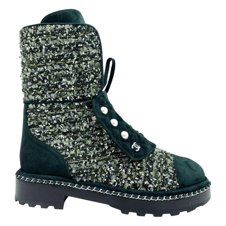 Womens Designer Chanel Tweed Boots - Green