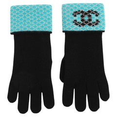WOMENS DESIGNER Chanel Woollen Gloves - Black / Turquoise Blue