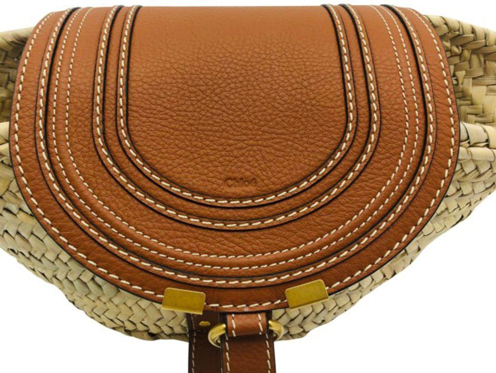 Womens Designer Chloe Marcie leather-trimmed straw shoulder bag In New Condition In London, GB