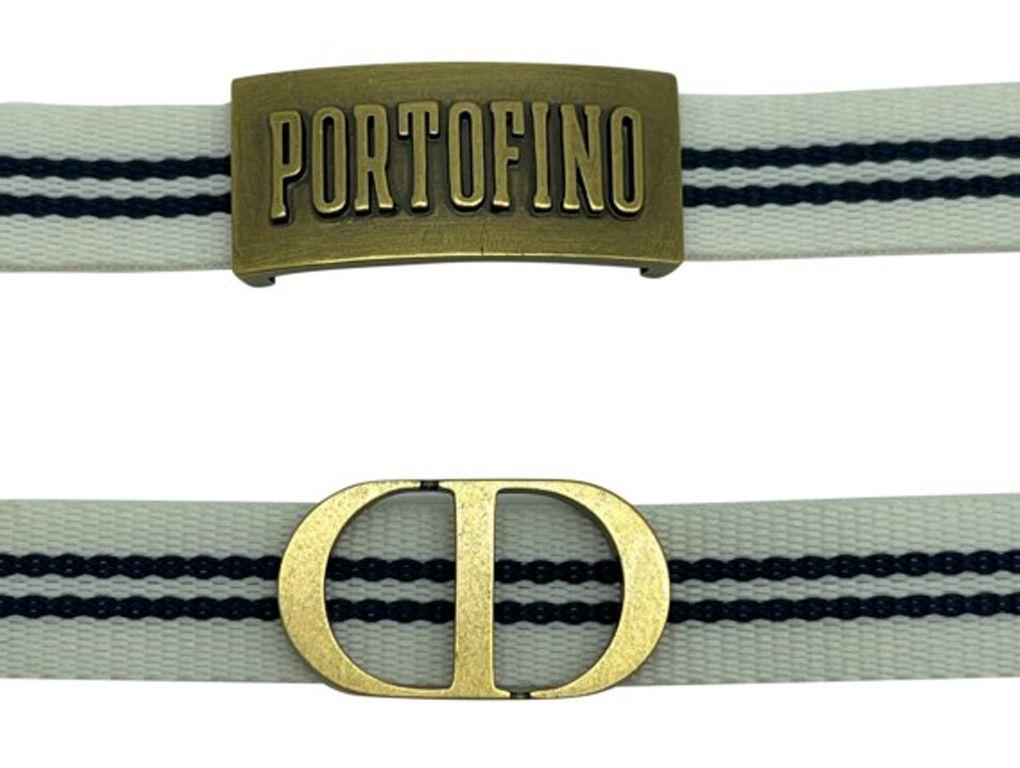 Set of two Dior cloth fabric bracelets in white and navy with gold hardware. A preloved pair in excellent condition.

BRAND	
Dior

ACCESSORIES	
Box, dustbag 

COLOUR	
Blue Cream

CONDITION	
Used – Excellent

FEATURES	
Portofino and CD Detail, Stripy