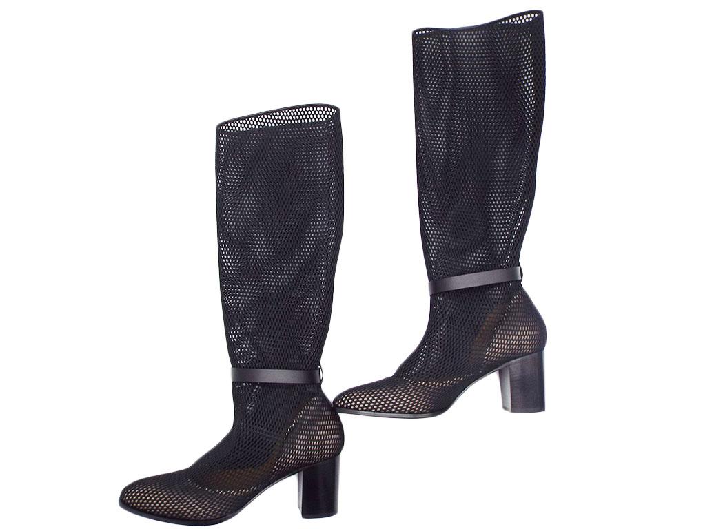 Black Womens Designer Dior Empreinte Mesh & Calfskin Heeled Boots For Sale