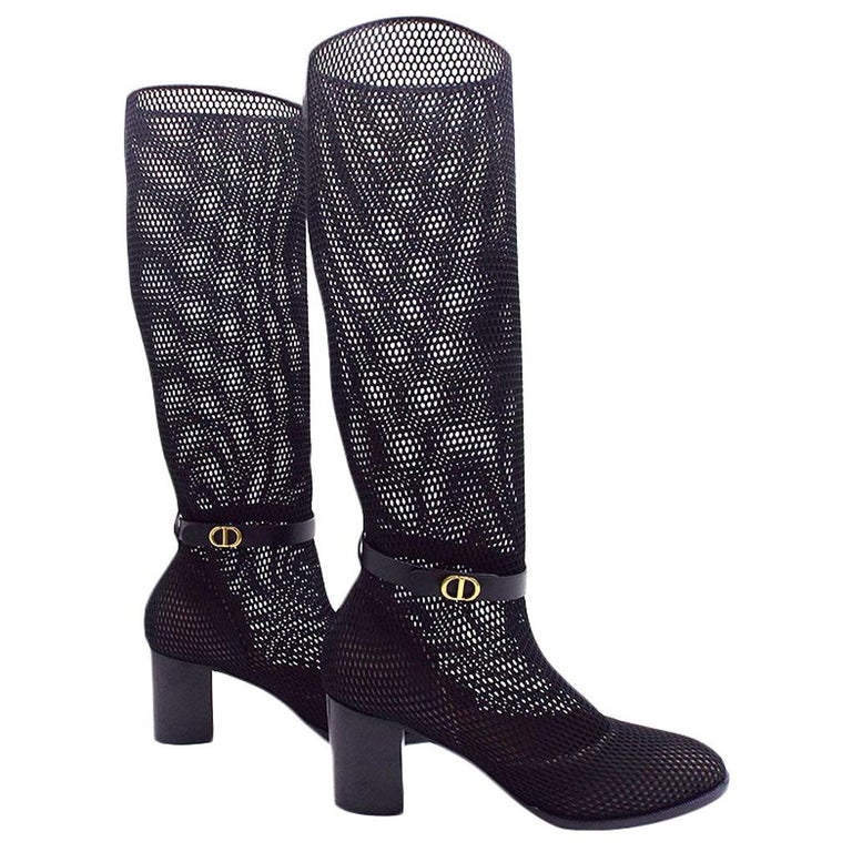 Womens Designer Dior Empreinte Mesh and Calfskin Heeled Boots For Sale