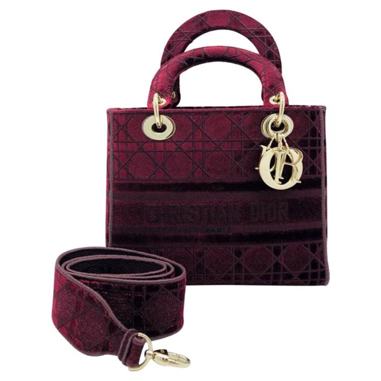 WOMENS DESIGNER Dior Medium Lady D-Lite Bag Burgundy Velvet For Sale