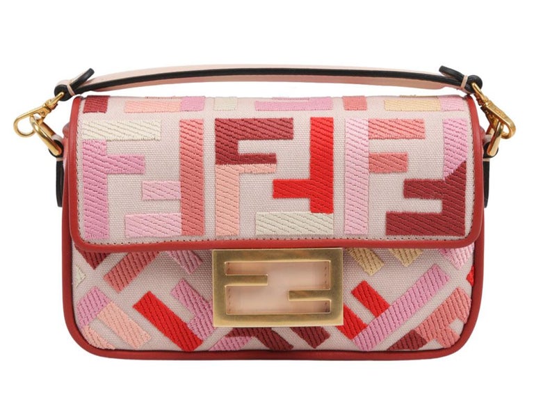 Fendi Mini Baguette Bag In FF Motif Canvas Pink/Red