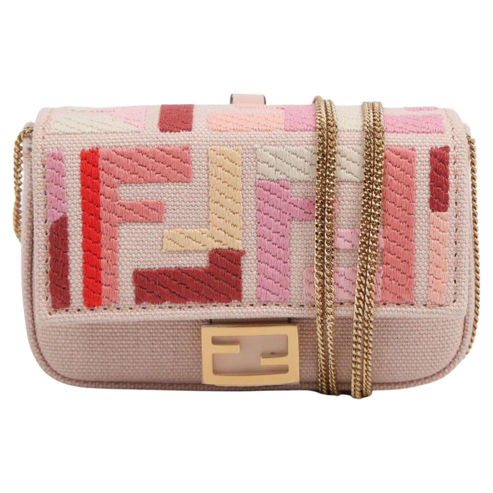 WOMENS DESIGNER Fendi Mini BAGUETTE Pink canvas FF bag For Sale