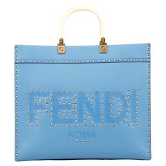 Womens Designer FENDI SUNSHINE MEDIUM BLUE SHOPPER TOTE BAG