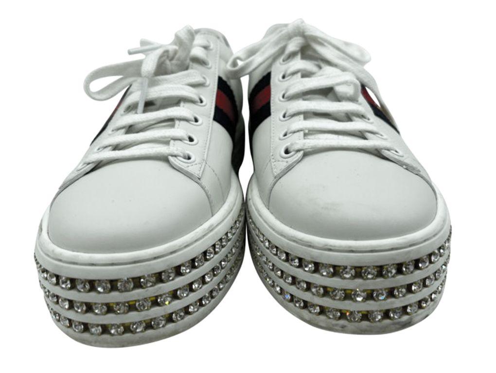 Women's or Men's Womens Designer Gucci Ace Sneakers with Crystals - 37.5 For Sale