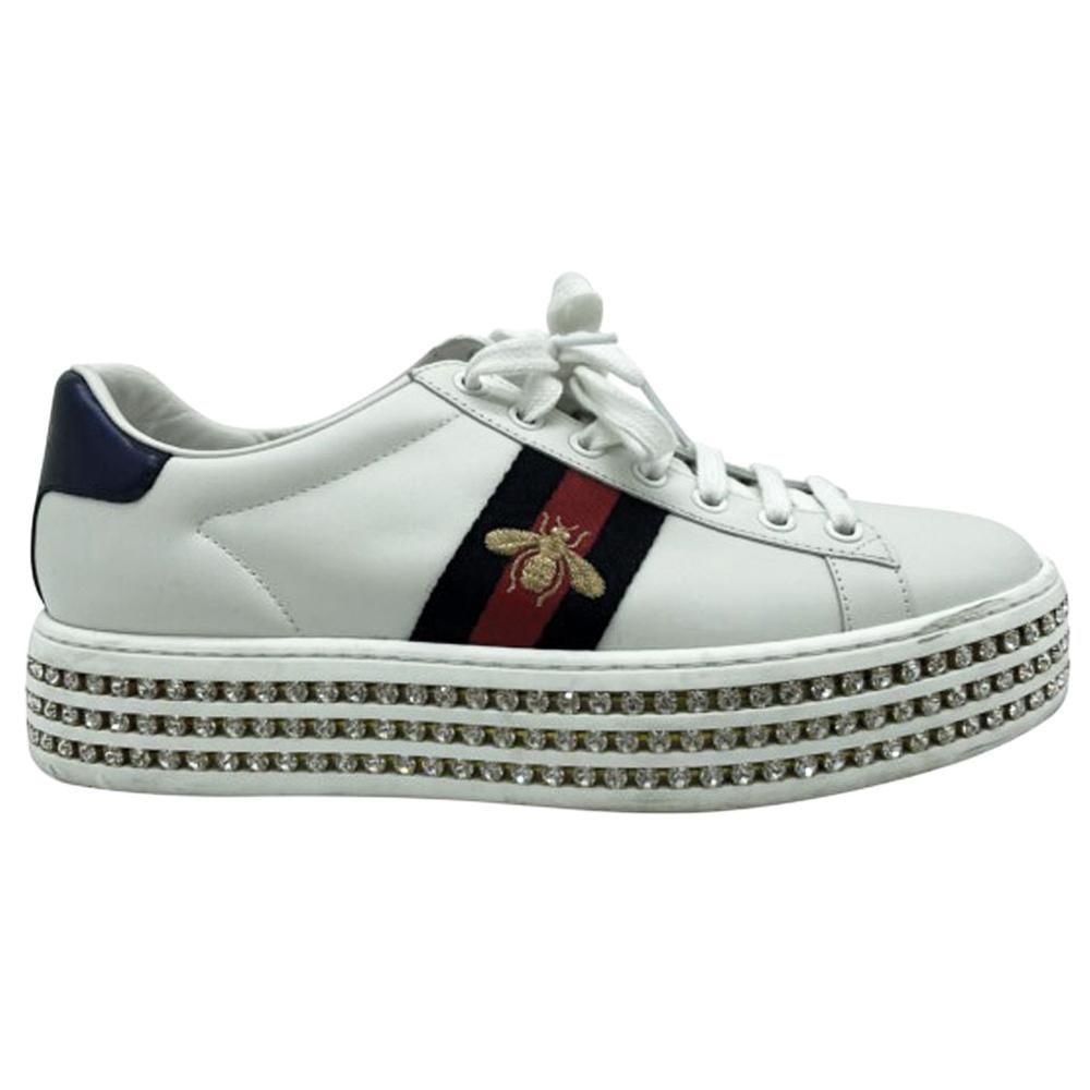 Womens Designer Gucci Ace Sneakers with Crystals - 37.5 For Sale