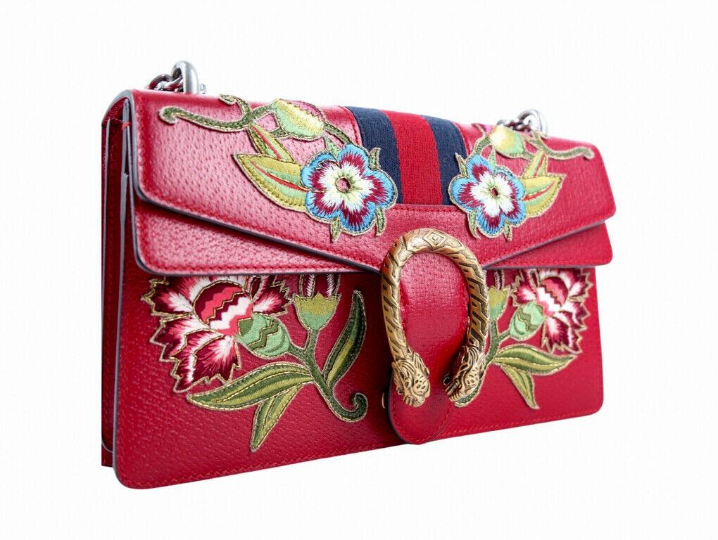 WOMENS DESIGNER GUCCI Calfskin Web Floral Embroidered Small Dionysus Shoulder Ba In Excellent Condition For Sale In London, GB