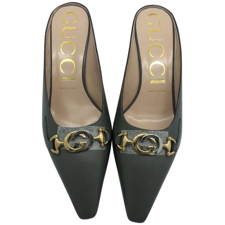 Womens Designer Gucci Grey GG Buckle Leather Mules For Sale