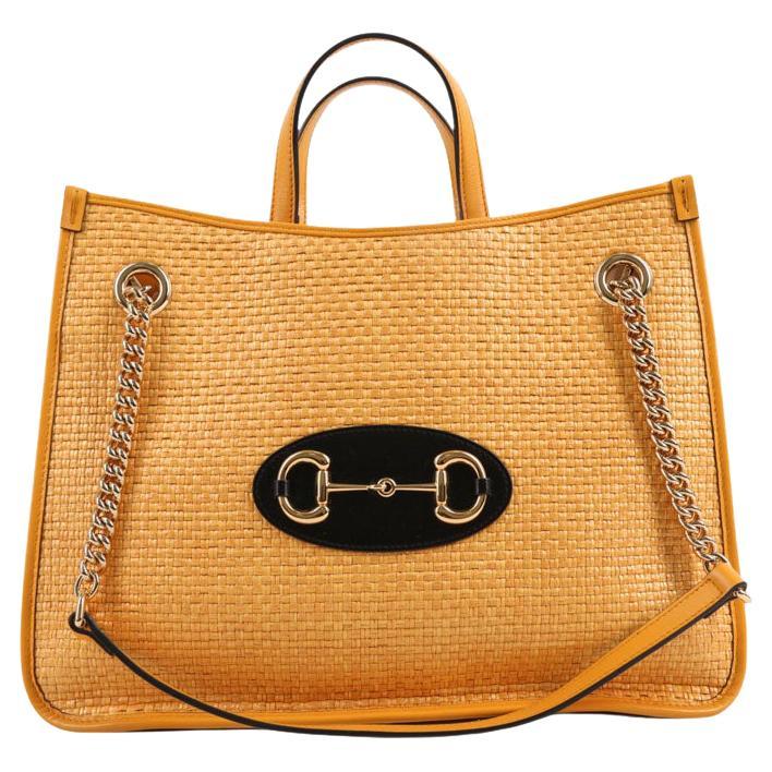 WOMENS DESIGNER Gucci Horsebit Raffia Tote Bag Yellow For Sale