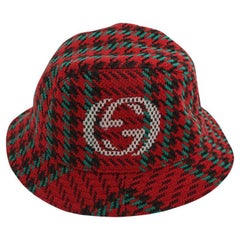 Used WOMENS designer GUCCI HOUNDSTOOTH WOOL BUCKET HAT WITH GG