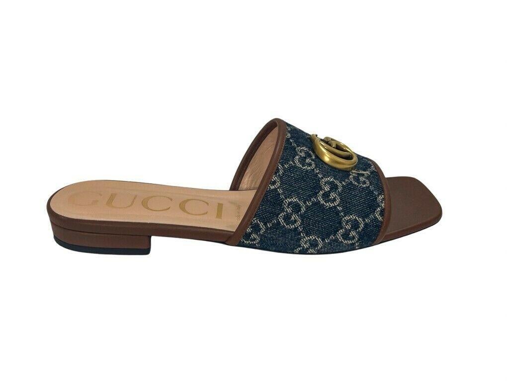 Black WOMENS designer GUCCI JOLIE GG MONOGRAMMED DENIM SLIDERS For Sale