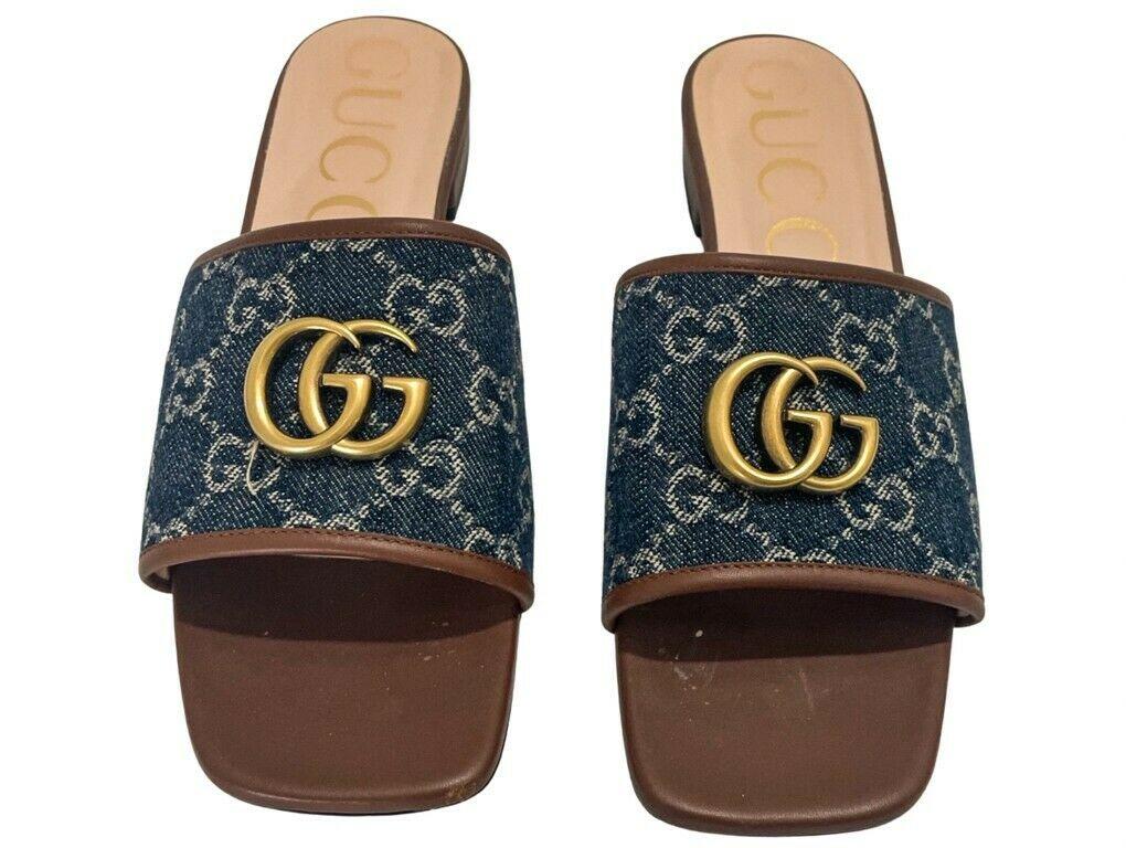 Women's WOMENS designer GUCCI JOLIE GG MONOGRAMMED DENIM SLIDERS For Sale