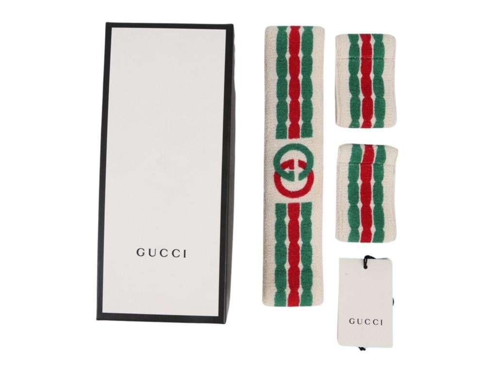 Buy this great set originally from Gucci's Fall Winter 2019 collection. Inspired by retro athletic outfits, this set is presented in ivory terry cloth. Further enhancing the nostalgic feel, the headband is completed by the Interlocking G stripe