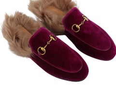 WOMENS DESIGNER Gucci Vevet and Fur Princetowns SIZE 35 - Wine
