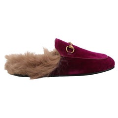 WOMENS DESIGNER Gucci Vevet and Fur Princetowns SIZE 35 - Wine