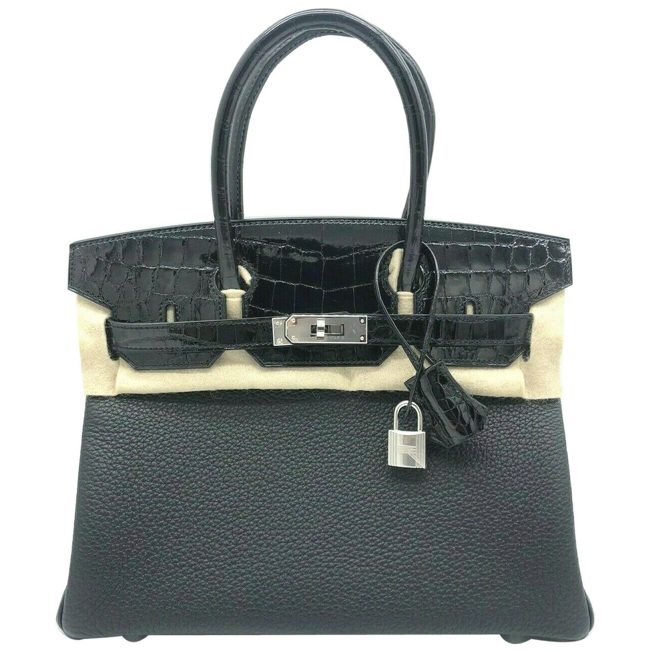 Womens Designer Hermes Birkin 30 Touch Black Togo/Crocodile Leather For Sale