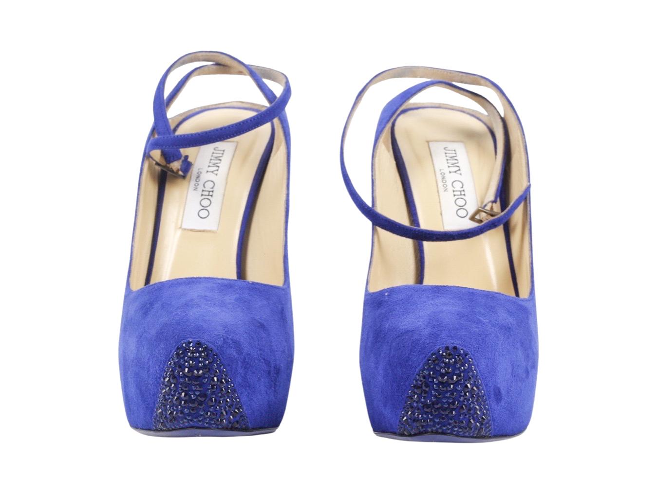 Womens Designer JIMMY CHOO 122 TAME BLUE SUEDE CRYSTAL HEELS For Sale 3