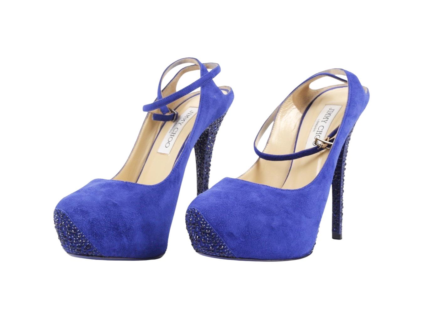 Womens Designer JIMMY CHOO 122 TAME BLUE SUEDE CRYSTAL HEELS For Sale 4