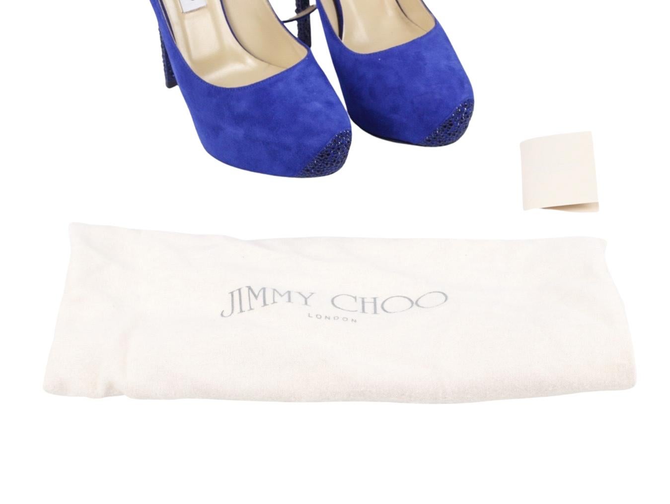 Stunning pair of Jimmy Choo 122 Tame Blue and crystal embellished strappy heels in suede.  Semi round-toe slingback pumps with concealed platforms, crystal embellishments throughout and gold-tone buckle closures at ankles. These are a size 38.5 (UK