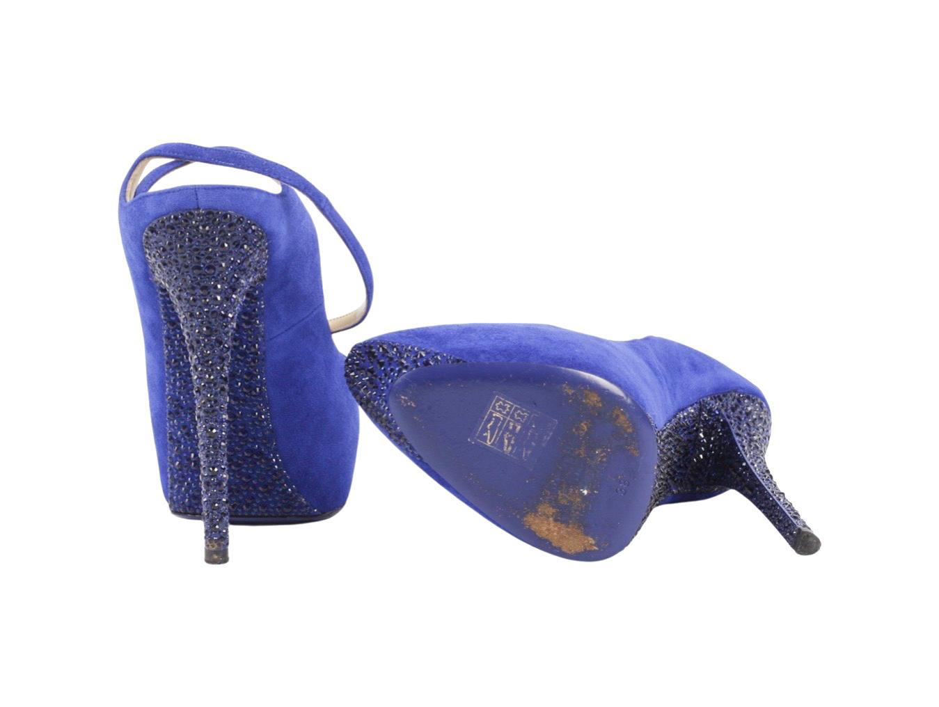 Womens Designer JIMMY CHOO 122 TAME BLUE SUEDE CRYSTAL HEELS In Good Condition For Sale In London, GB