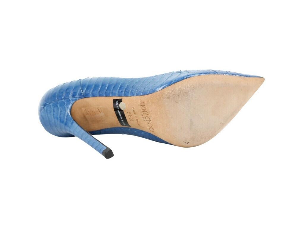 A lovely pair of Jimmy Choo exotic skin blue leather heeled pumps.  A preloved pair which are in excellent condition.

BRAND	
Jimmy Choo

COLOUR	
Blue

ACCESSORIES	
Shoes only

CONDITION	
Used – Excellent

FEATURES	
Exotic Leather, Pointed toe