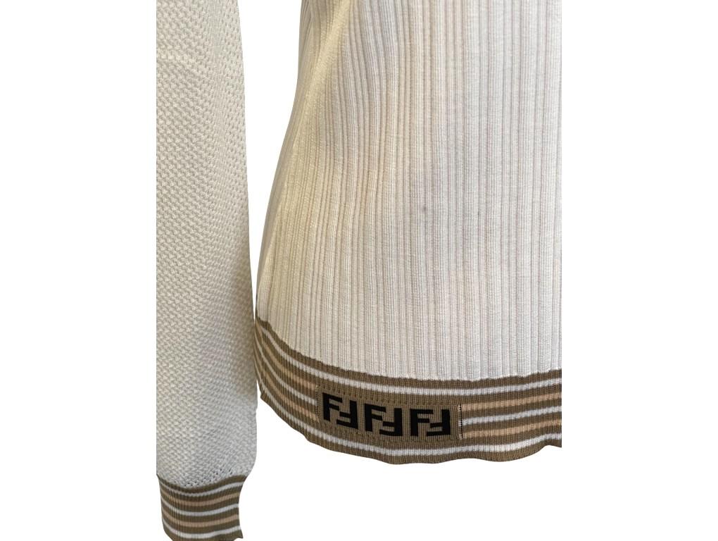 Mesh-sleeve Knitted Silk Top

Fendi’s white ribbed top is crafted in Italy from silk to a fine gauge knit and the mesh sleeves lend it a modern spin. It’s shaped to a demure high neck with beige stripes that echo those accenting the shoulder seams,