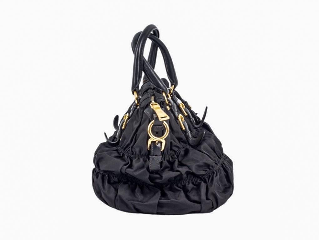 Black Womens Designer PRADA NYLON RUCHED TOTE BAG For Sale