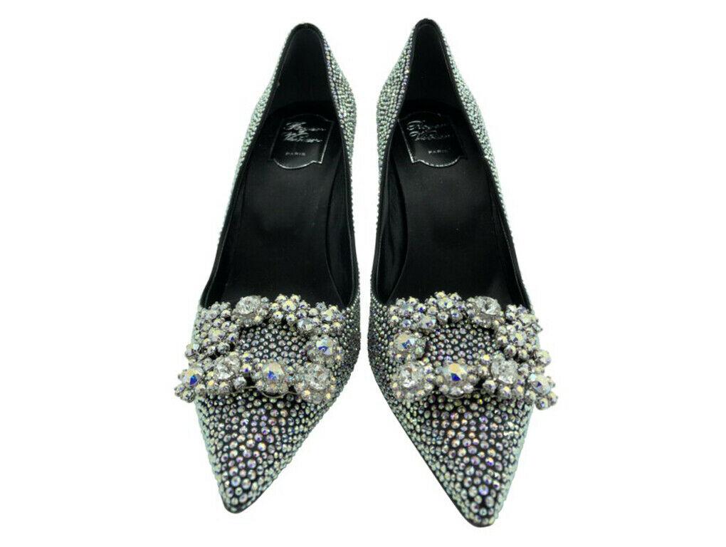 Exquisite pair of pointed heeled Roger Vivier Flower Strass 100 crystal-encrusted shoes for sale. These are the perfect shoes for all those special occasions. The stones look silver at first but on closer inspection, they are rainbow coloured –
