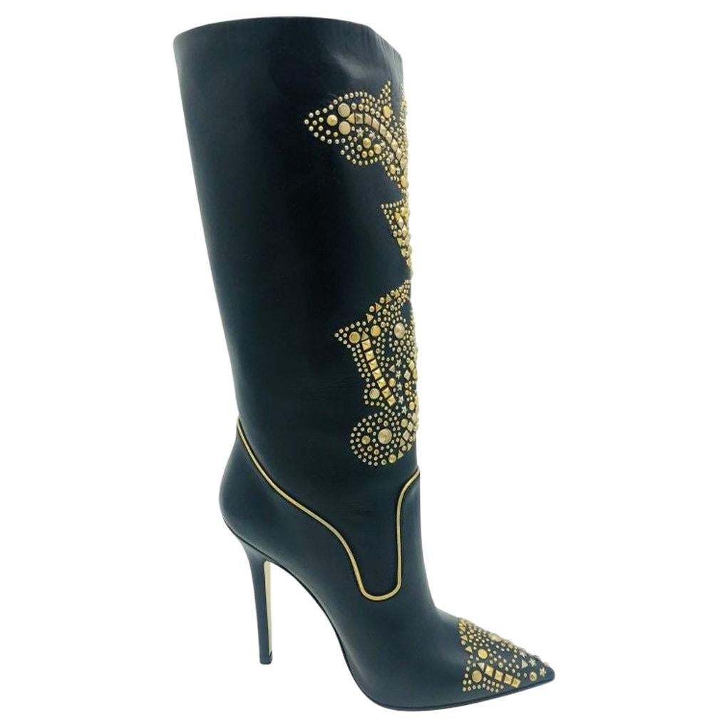 WOMENS DESIGNER Versace Black and Gold Studded Boots/Booties - 38 For Sale