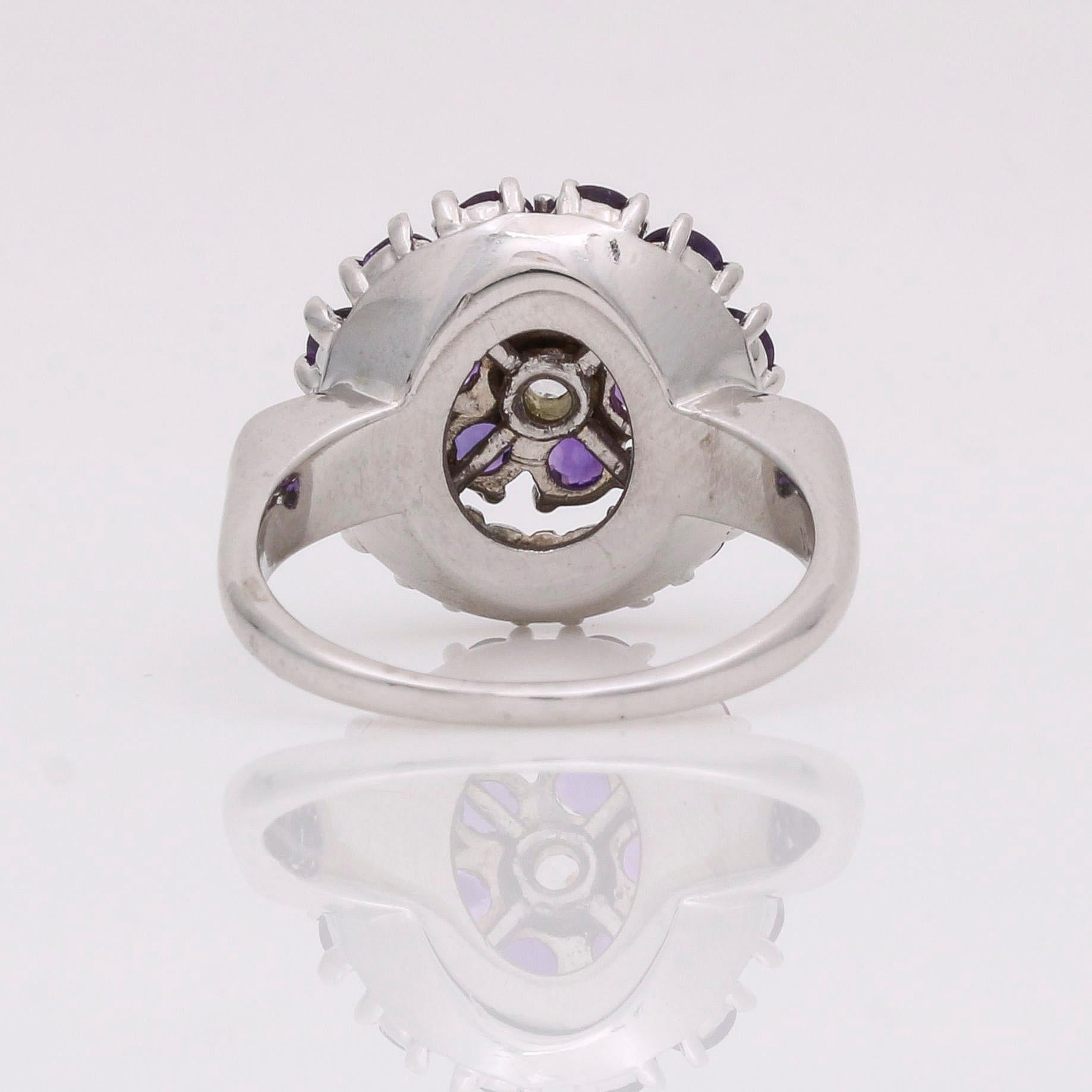Retro Women's Diamond Amethyst Cluster Ring in 14k White Gold For Sale