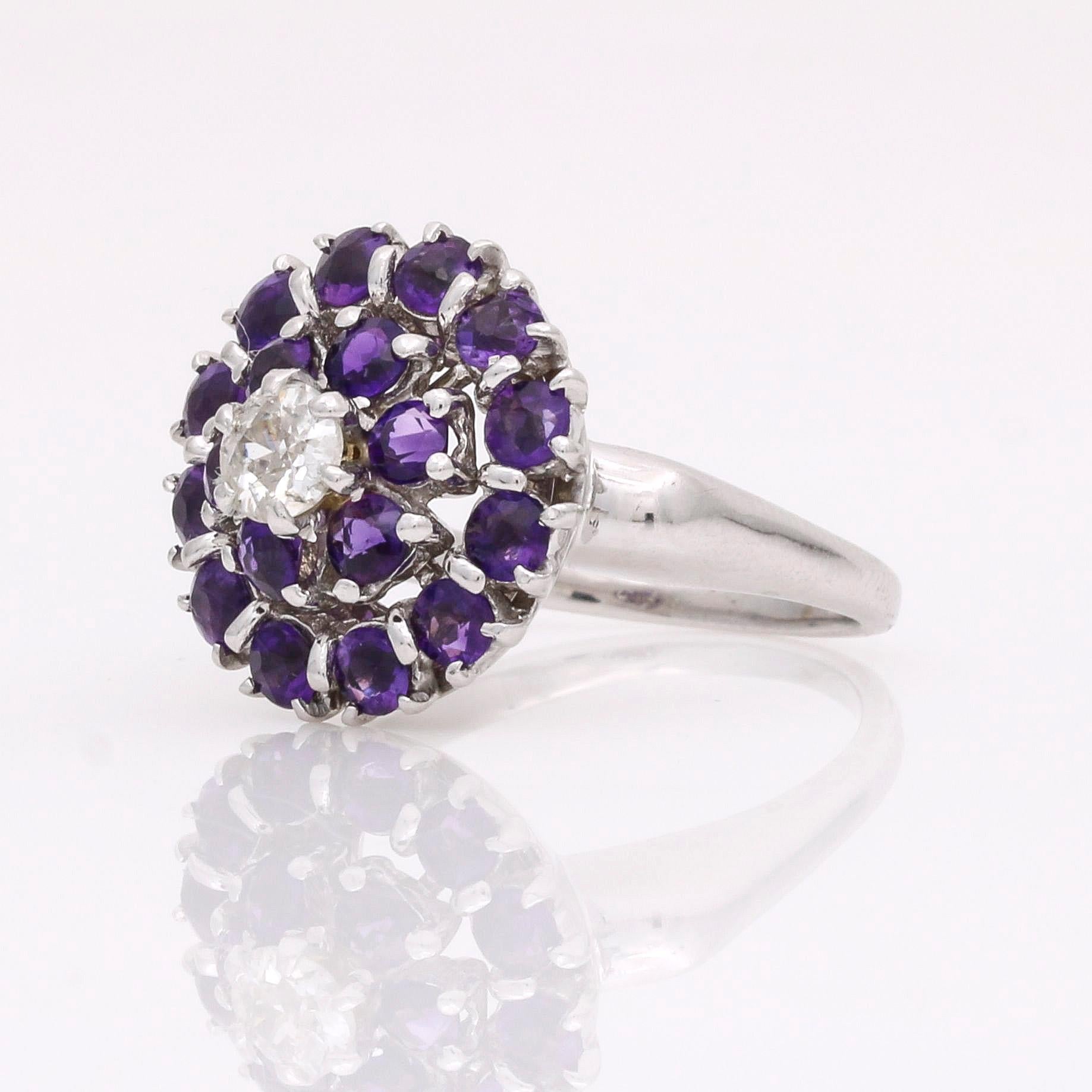 Old Mine Cut Women's Diamond Amethyst Cluster Ring in 14k White Gold For Sale