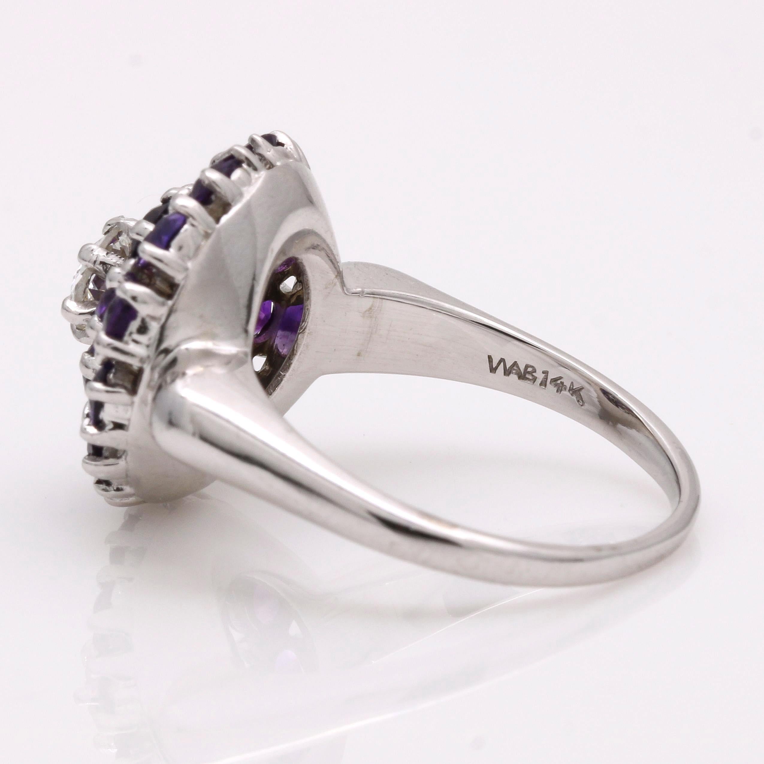 Women's Diamond Amethyst Cluster Ring in 14k White Gold In Good Condition For Sale In Boca Raton, FL