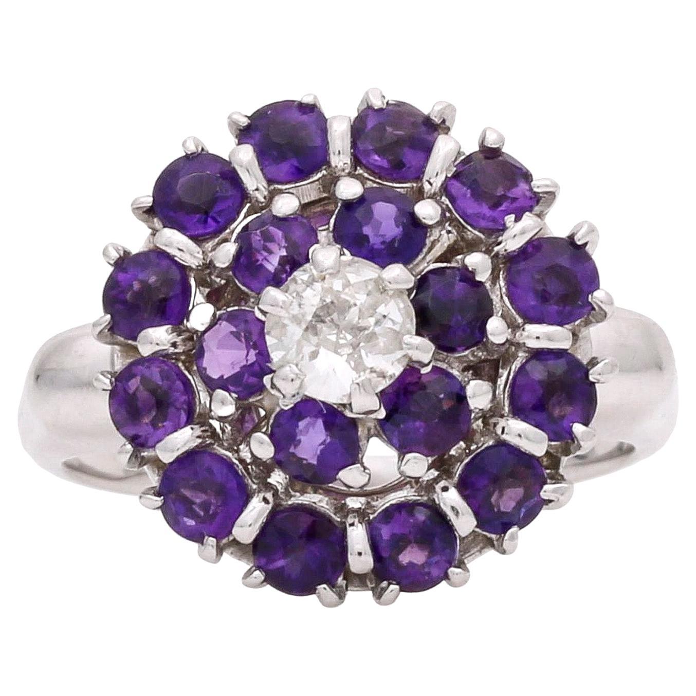 Women's Diamond Amethyst Cluster Ring in 14k White Gold For Sale